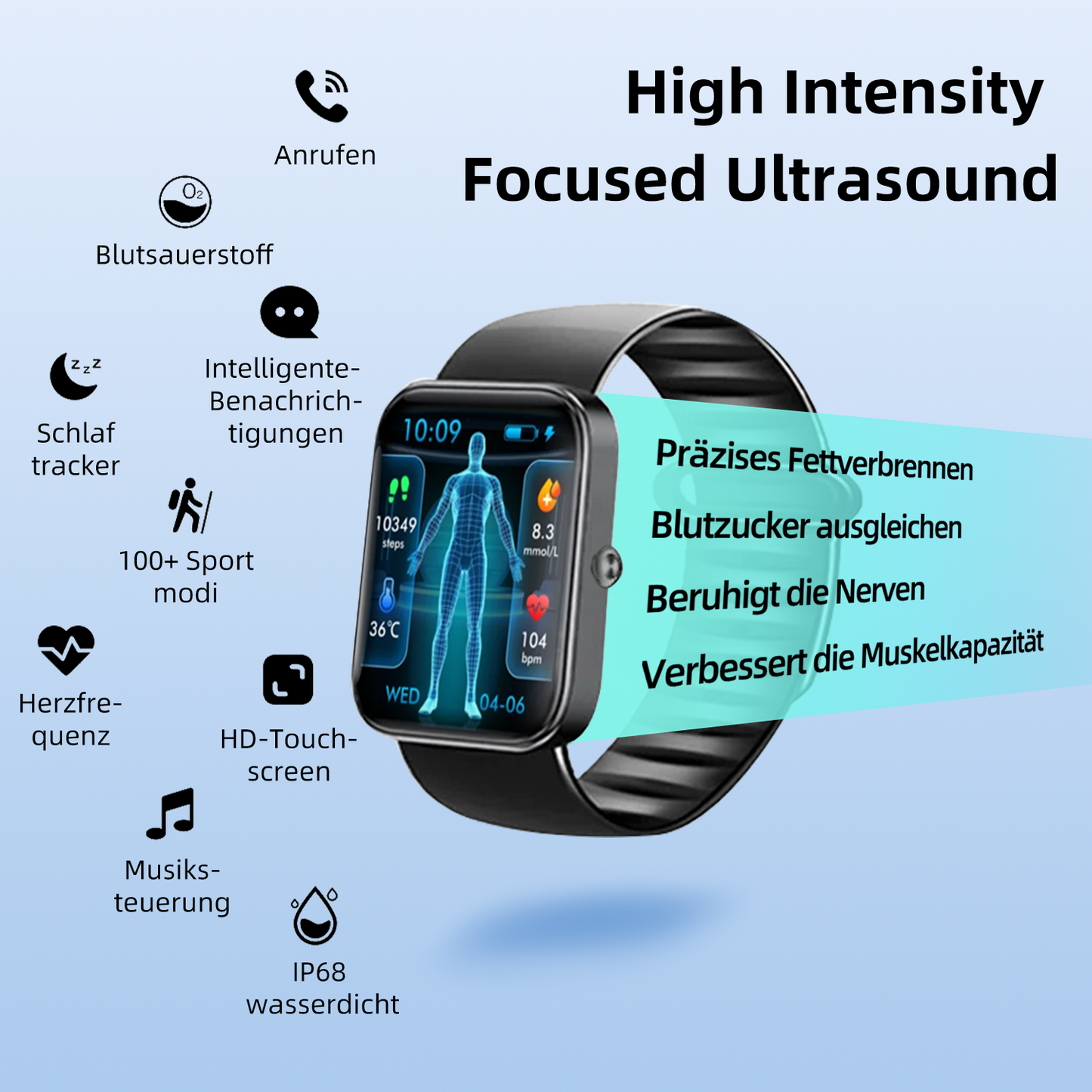 CZTICLE® Hochfrequenz-Ultraschall-Multifunktions-Smartwatch (Speziell entwickelt zur Fettverbrennung, Blutzuckerregulierung, lymphatischen Entgiftung, Reduzierung von Ödemen und Nervenentspannung)